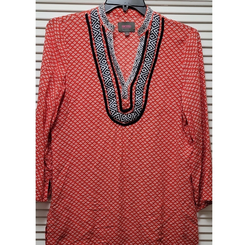 Tunic Boho Beachwear Hippie Retro Embroidered V-Neck Top Large L Forcynthia